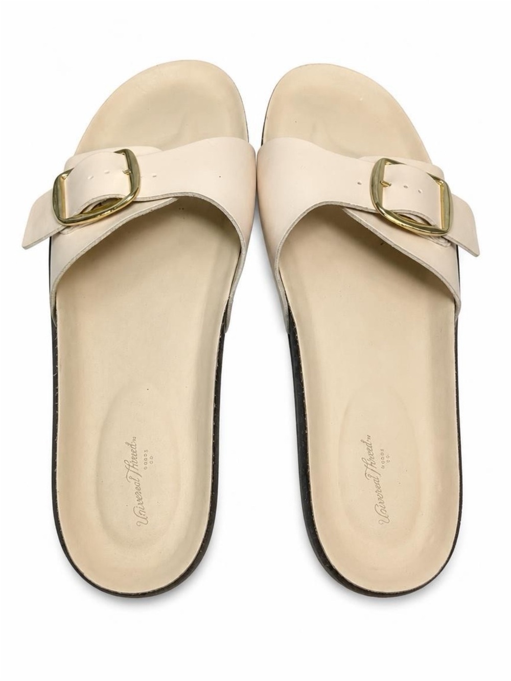 Universal Thread Cream Slide Mules with Gold Buckle